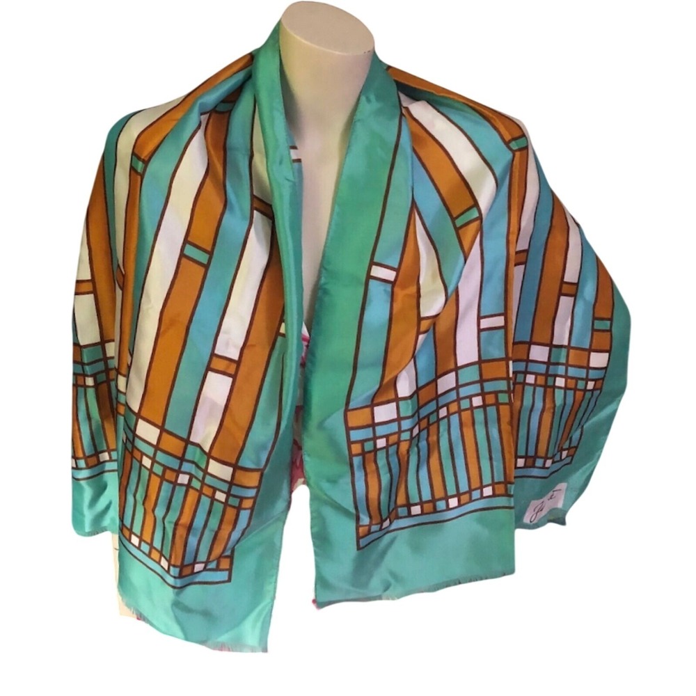 Jean Ete Vintage Geometric Scarf Teal Gold‎ White Acetate Made in Italy Fringe